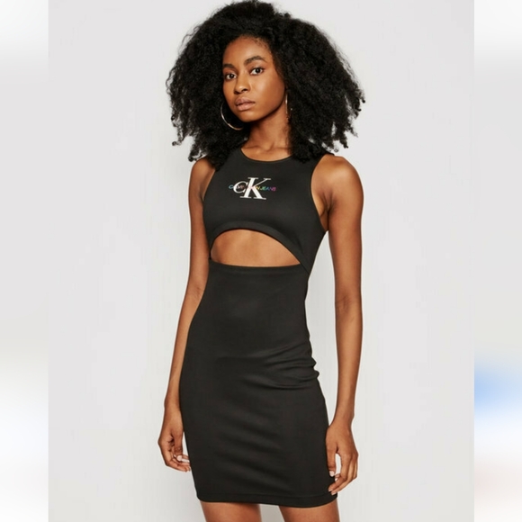 Calvin Klein Jeans PRIDE MILANO Under Bust Cut-Out Jersey Dress Size Small Black - Picture 1 of 5